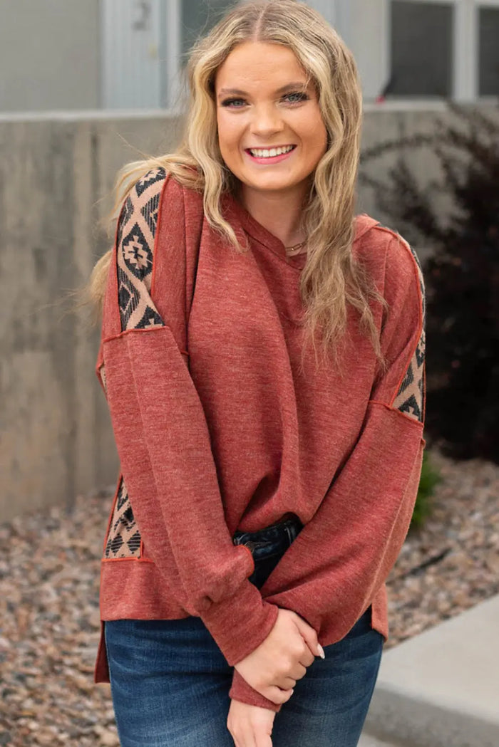 Redwood Burl Aztec Patchwork Drop Shoulder Plus Size High Low Sweatshirt - Size/Plus Sweatshirts & Hoodies