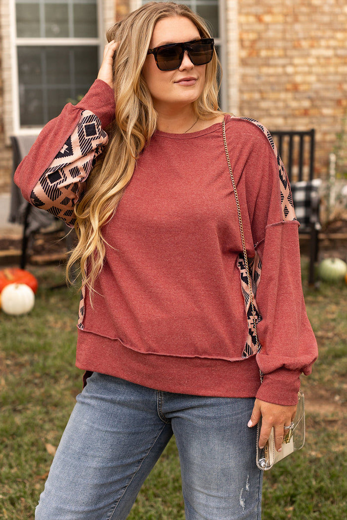 Redwood Burl Aztec Patchwork Drop Shoulder Plus Size High Low Sweatshirt - Size/Plus Sweatshirts & Hoodies