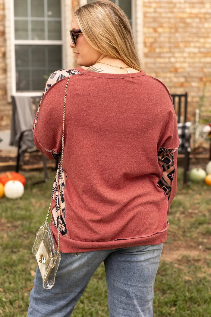 Redwood Burl Aztec Patchwork Drop Shoulder Plus Size High Low Sweatshirt - Size/Plus Sweatshirts & Hoodies