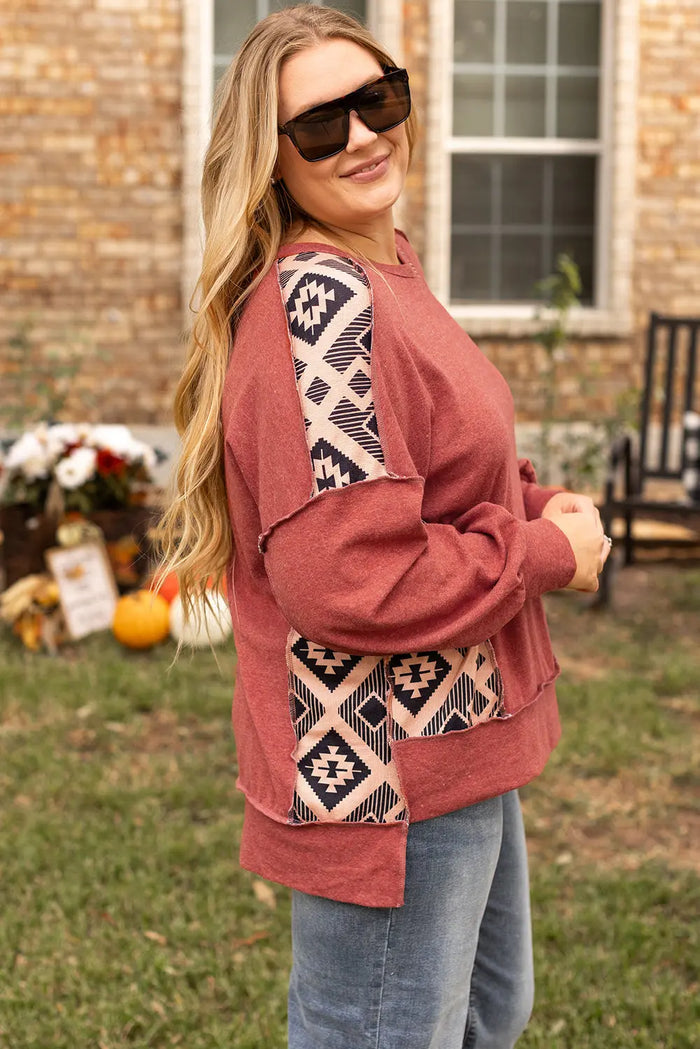 Redwood Burl Aztec Patchwork Drop Shoulder Plus Size High Low Sweatshirt - Size/Plus Sweatshirts & Hoodies