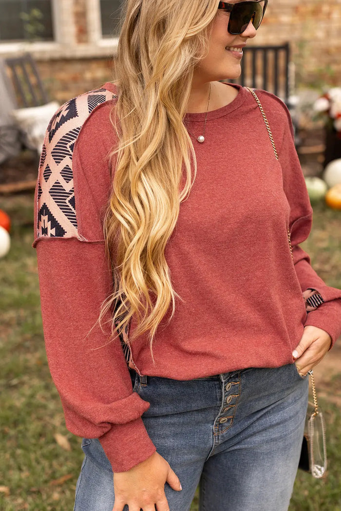 Redwood Burl Aztec Patchwork Drop Shoulder Plus Size High Low Sweatshirt - Size/Plus Sweatshirts & Hoodies