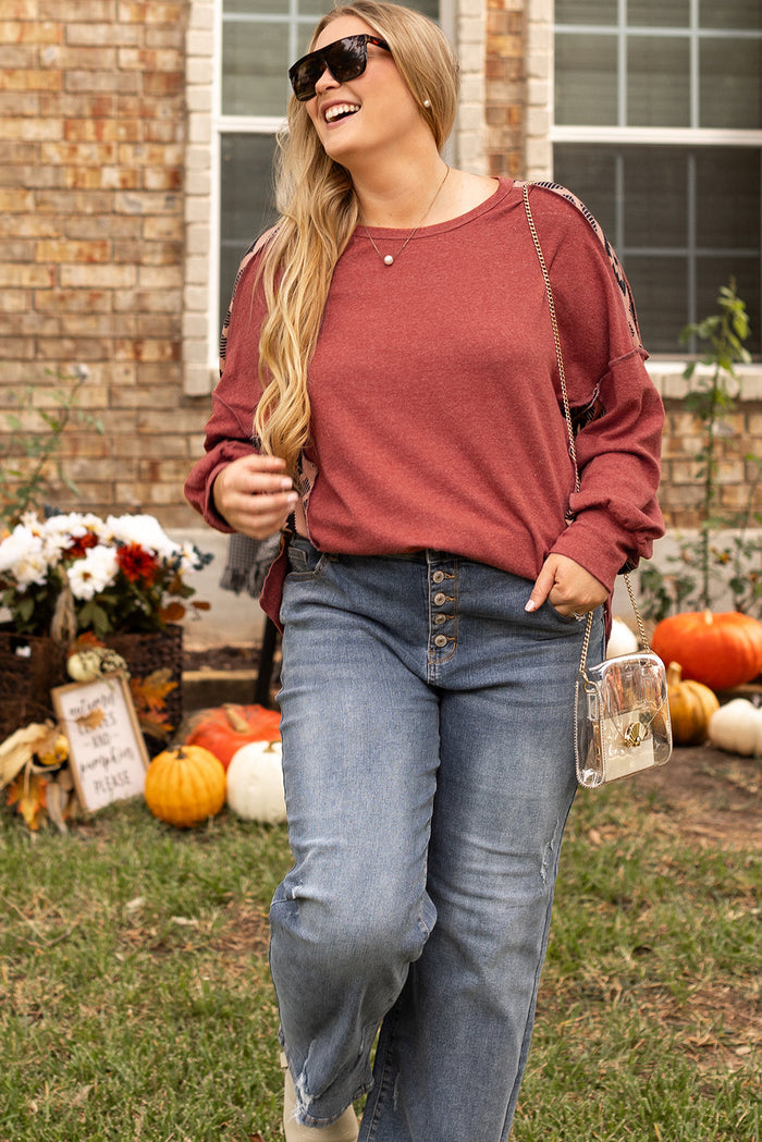 Redwood Burl Aztec Patchwork Drop Shoulder Plus Size High Low Sweatshirt - Size/Plus Sweatshirts & Hoodies