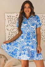 Sky Blue Retro Floral Print Drawstring Waist Ruffled Mini Dress - SKY BLUE / S / 100% POLYESTER - Dresses/Floral Dresses