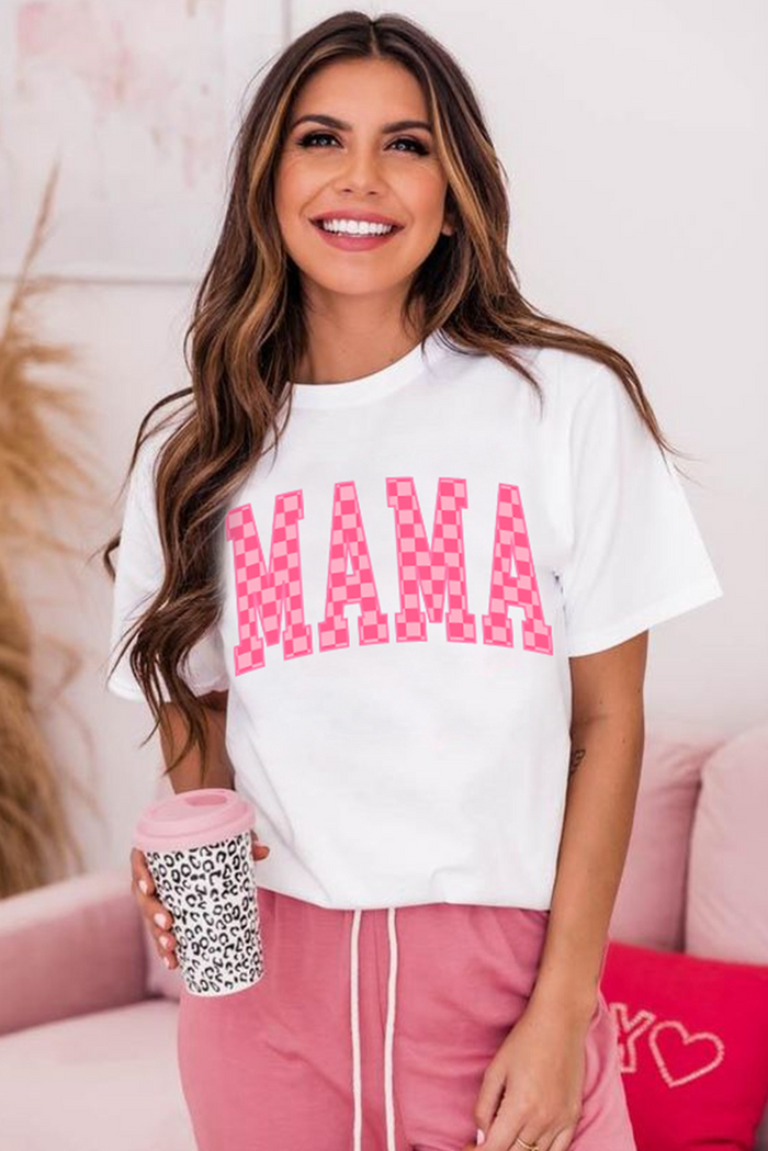 Retro Pink Checkered MAMA Graphic Tee – Ultra-Soft Cotton Blend