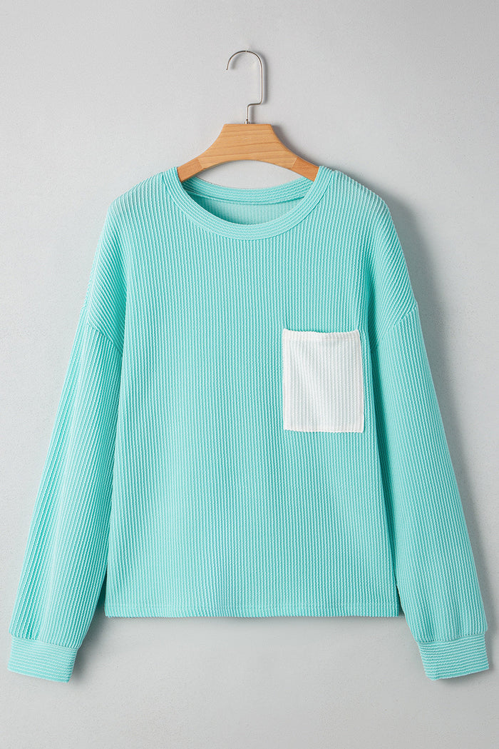 Ribbed Textured Contrast Patched Pocket Long Sleeve Top - Tops/Long Tops