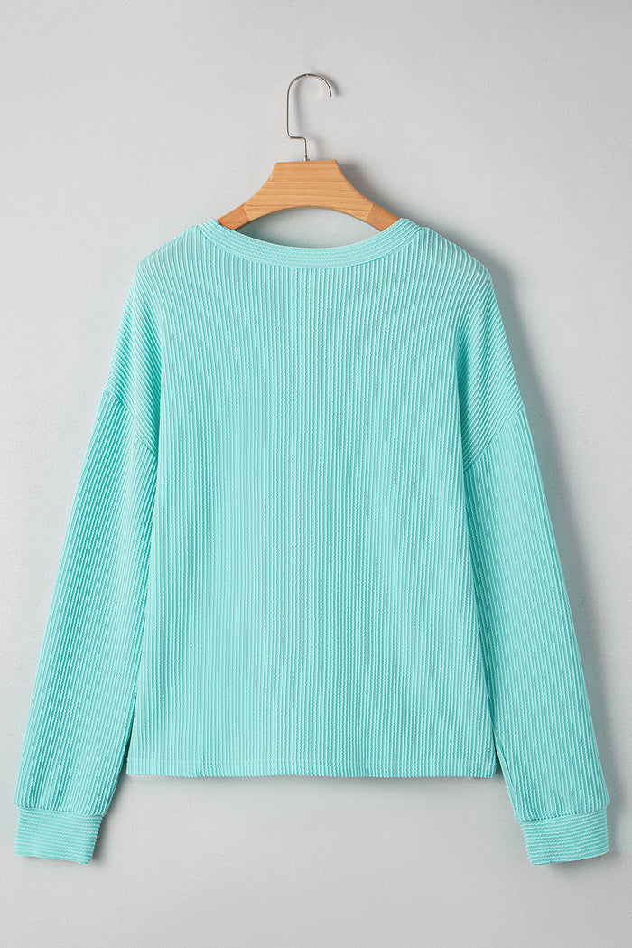 Ribbed Textured Contrast Patched Pocket Long Sleeve Top - Tops/Long Tops
