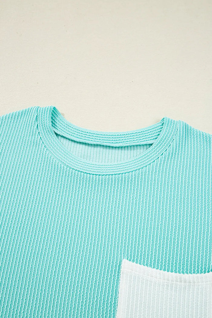 Ribbed Textured Contrast Patched Pocket Long Sleeve Top - Tops/Long Tops