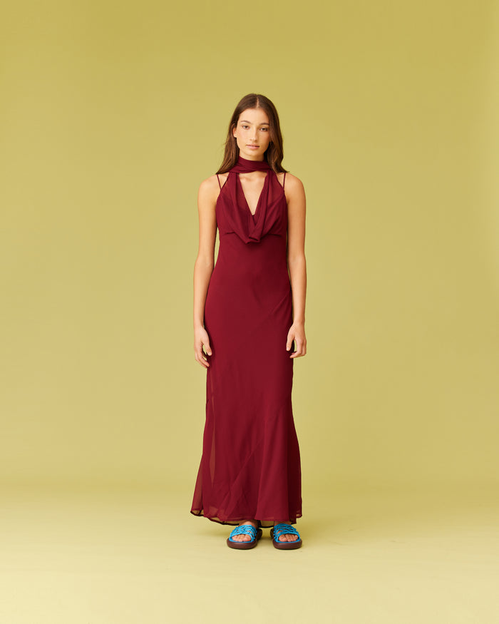 RILEY SASH DRESS MERLOT