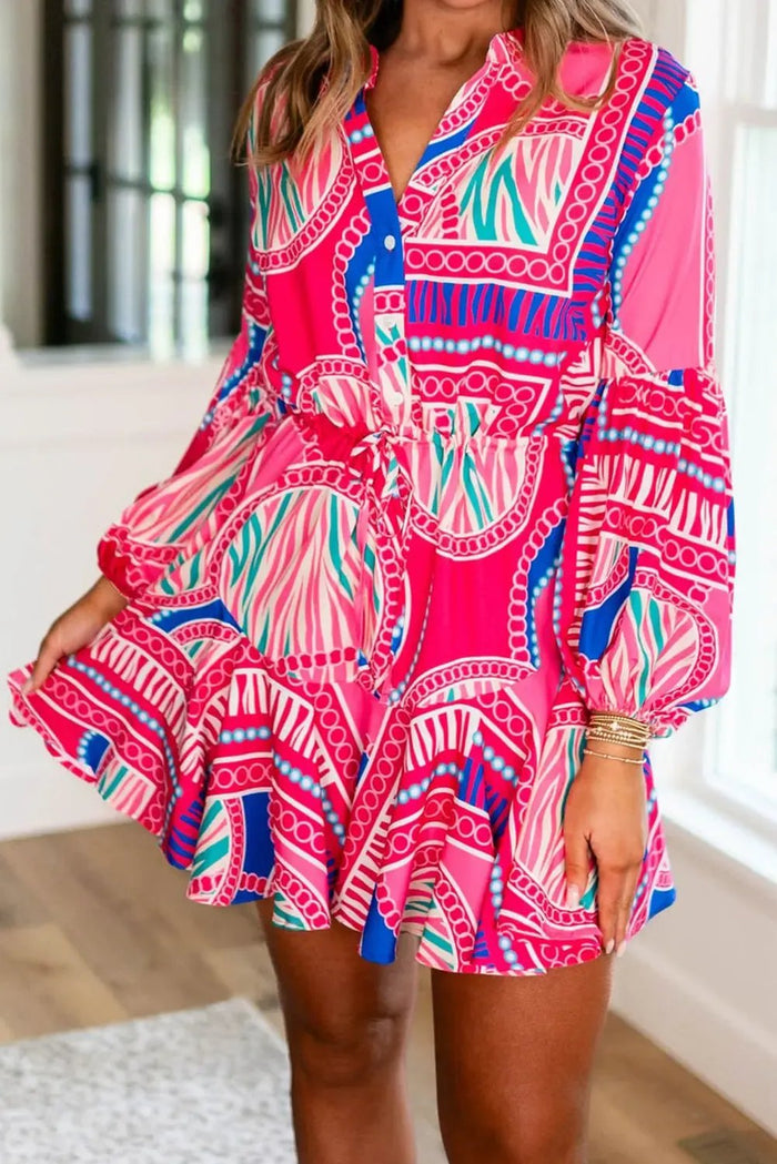 Rose Boho Abstract Printed Puff Sleeve Drawstring Waist Ruffled Mini Dress - ROSE / S / 100% POLYESTER - Dresses/Mini