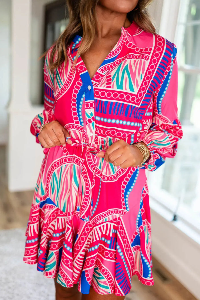 Rose Boho Abstract Printed Puff Sleeve Drawstring Waist Ruffled Mini Dress - Dresses/Mini Dresses