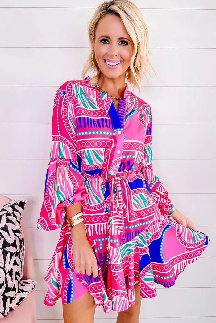 Rose Boho Abstract Printed Puff Sleeve Drawstring Waist Ruffled Mini Dress - Dresses/Mini Dresses