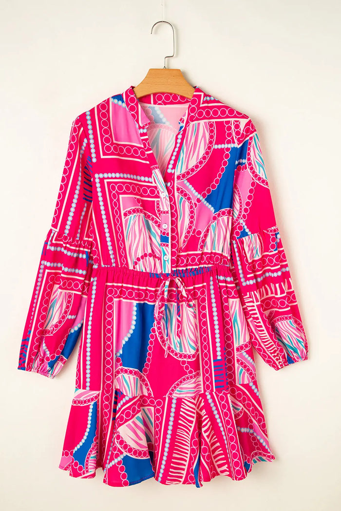 Rose Boho Abstract Printed Puff Sleeve Drawstring Waist Ruffled Mini Dress - Dresses/Mini Dresses