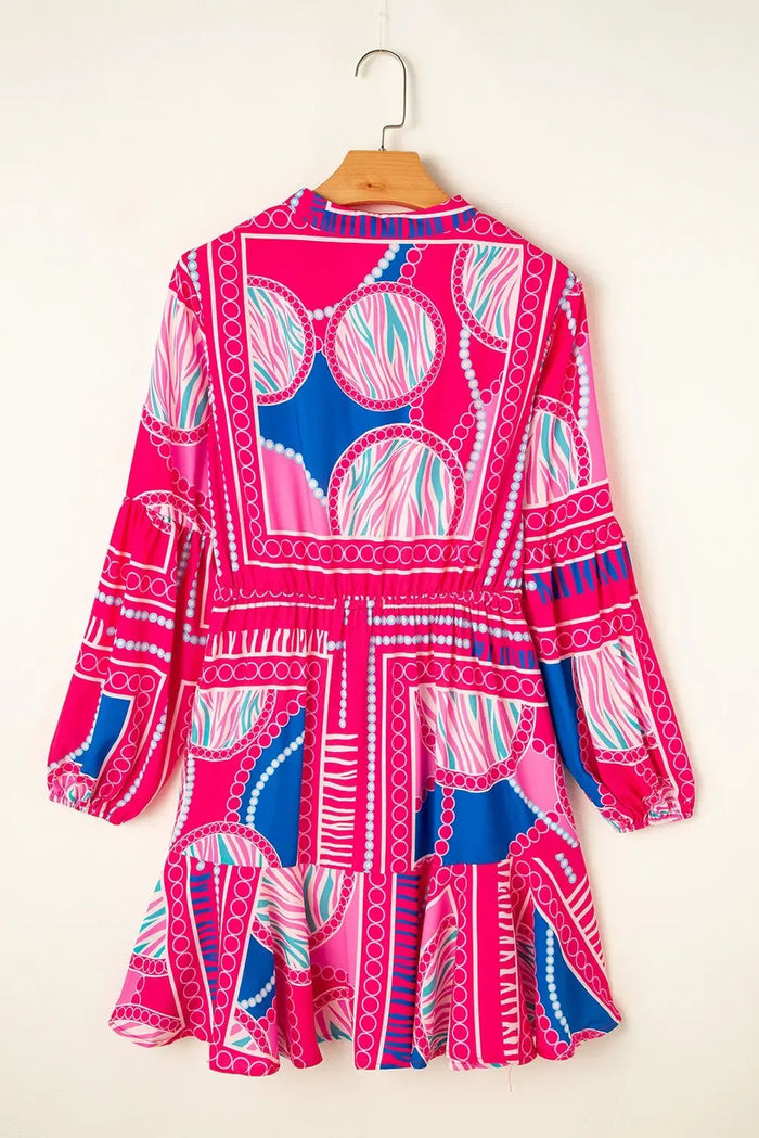 Rose Boho Abstract Printed Puff Sleeve Drawstring Waist Ruffled Mini Dress - Dresses/Mini Dresses