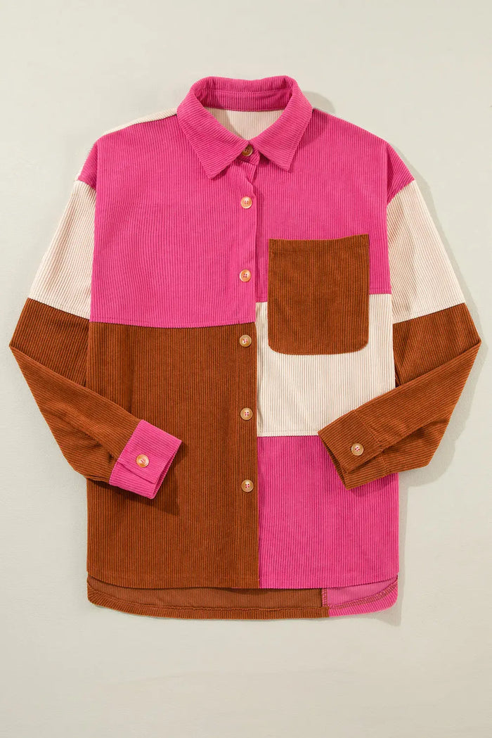 Rose Red Colourblock Curved Hem Corduroy Shacket with Pocket - Outerwear/Jackets