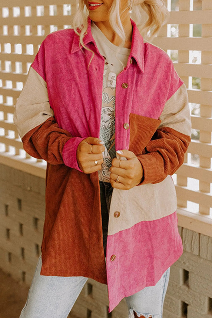 Rose Red Colourblock Curved Hem Corduroy Shacket with Pocket - ROSE RED / S / 95% POLYESTER + 5% ELASTANE