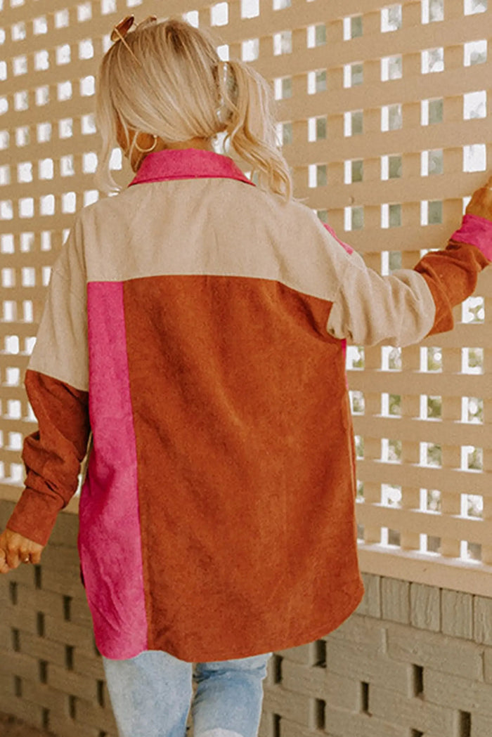Rose Red Colourblock Curved Hem Corduroy Shacket with Pocket - Outerwear/Jackets