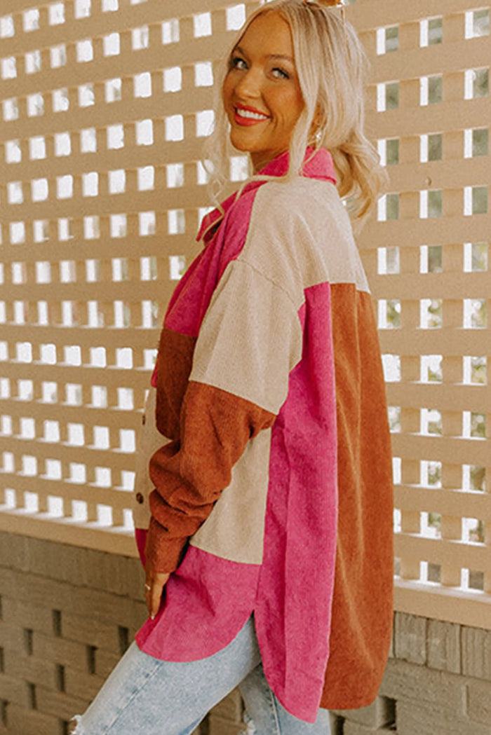 Rose Red Colourblock Curved Hem Corduroy Shacket with Pocket - Outerwear/Jackets