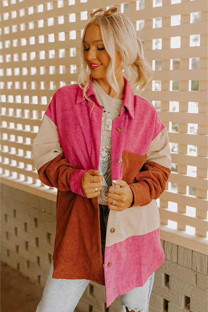 Rose Red Colourblock Curved Hem Corduroy Shacket with Pocket - Outerwear/Jackets