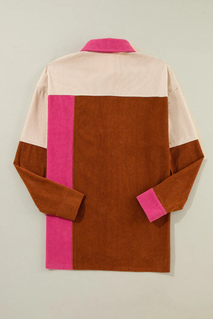 Rose Red Colourblock Curved Hem Corduroy Shacket with Pocket - Outerwear/Jackets