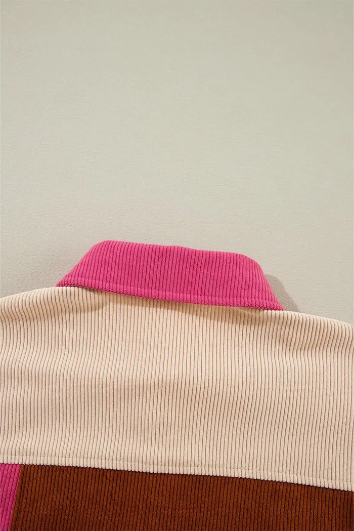 Rose Red Colourblock Curved Hem Corduroy Shacket with Pocket - Outerwear/Jackets