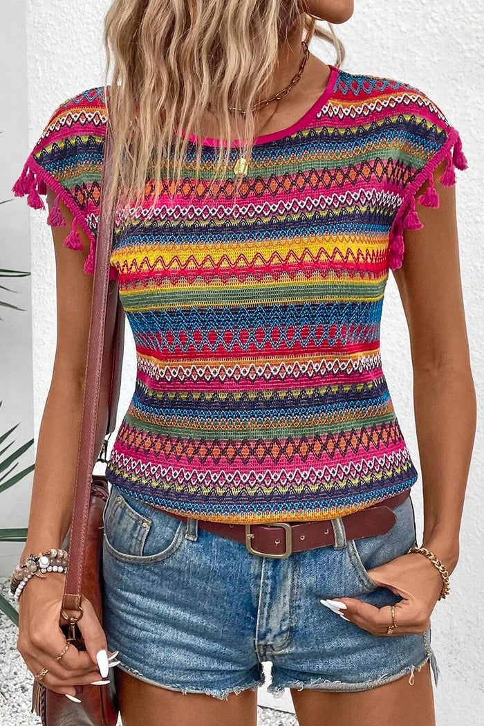 Rose Red Jacquard Textured Tasseled Cap Sleeve Top - S / 95% Polyester + 5% Elastane - Tops/Tops & Tees