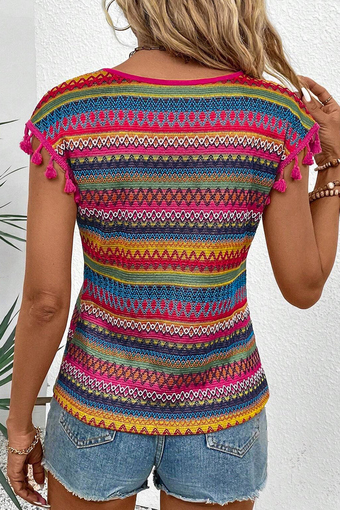 Rose Red Jacquard Textured Tasseled Cap Sleeve Top - Tops/Tops & Tees