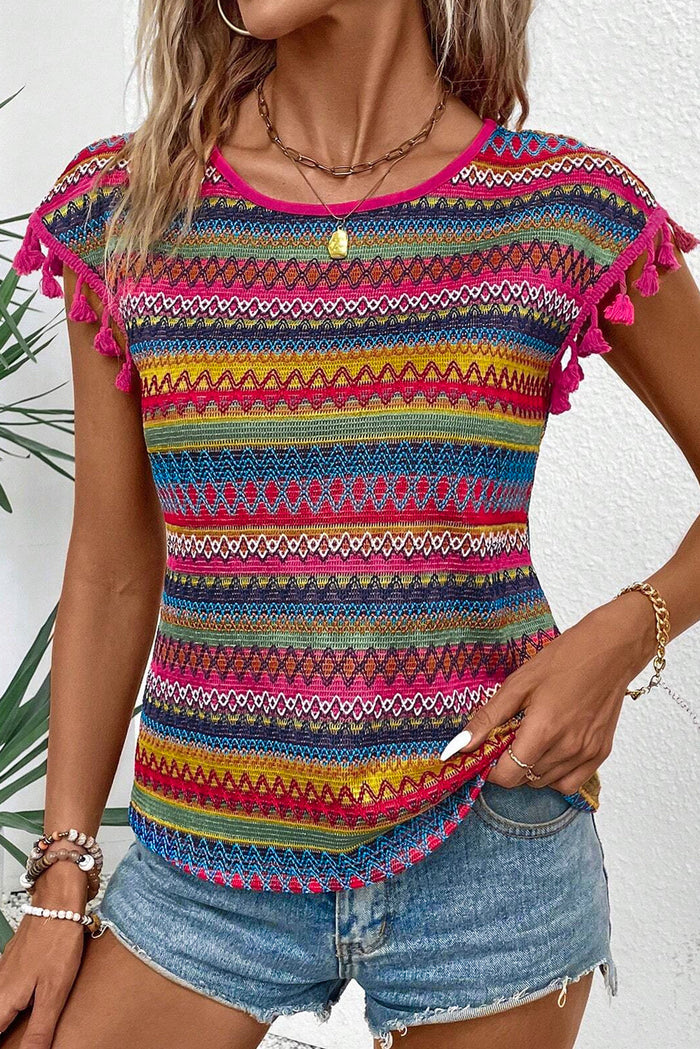 Rose Red Jacquard Textured Tasseled Cap Sleeve Top - Tops/Tops & Tees