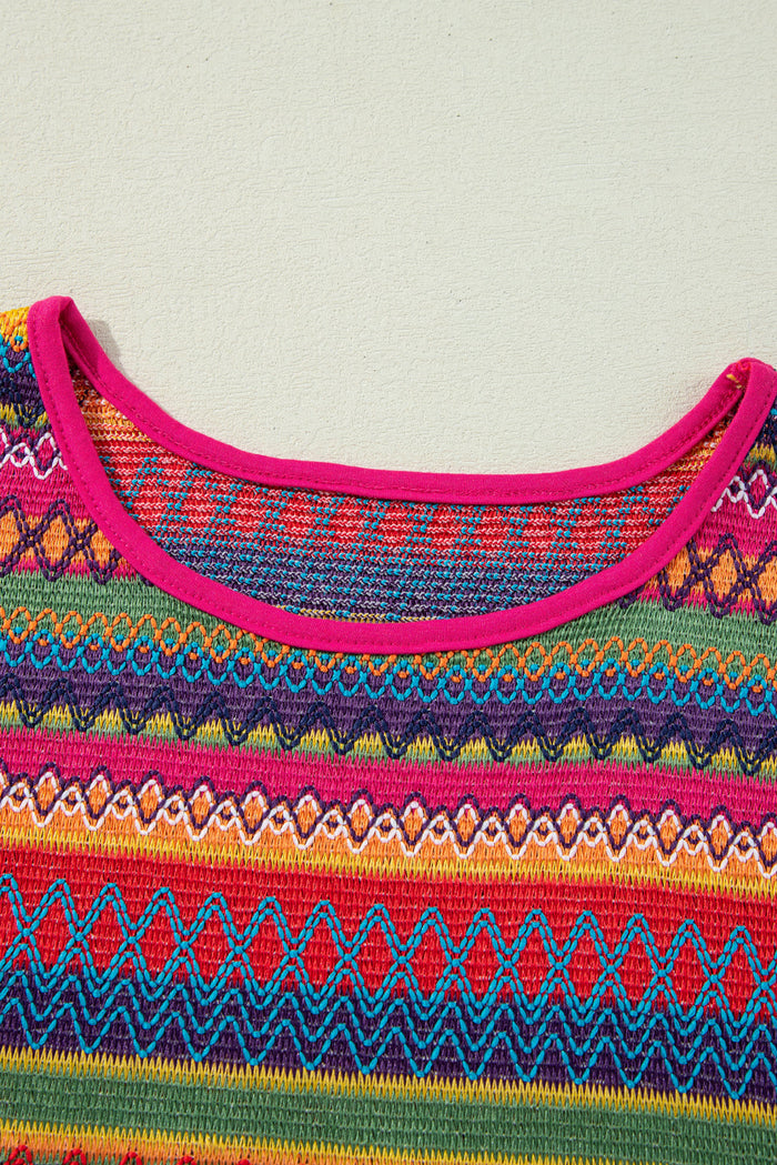 Rose Red Jacquard Textured Tasseled Cap Sleeve Top - Tops/Tops & Tees