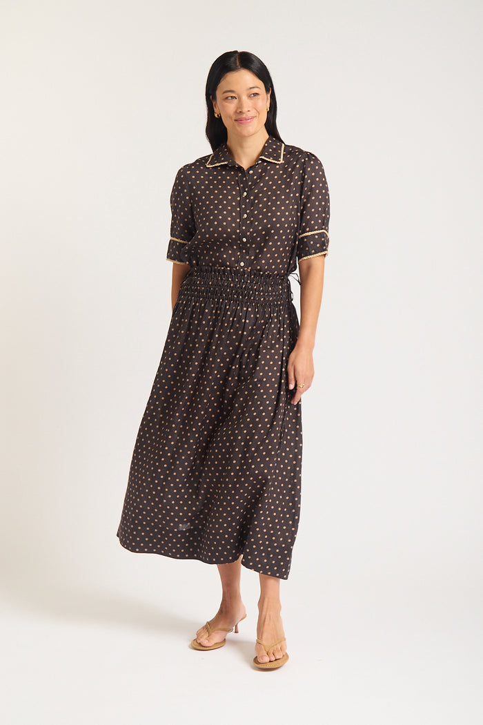 Ruby Ramie Shirt  In Choc/Beige Spot