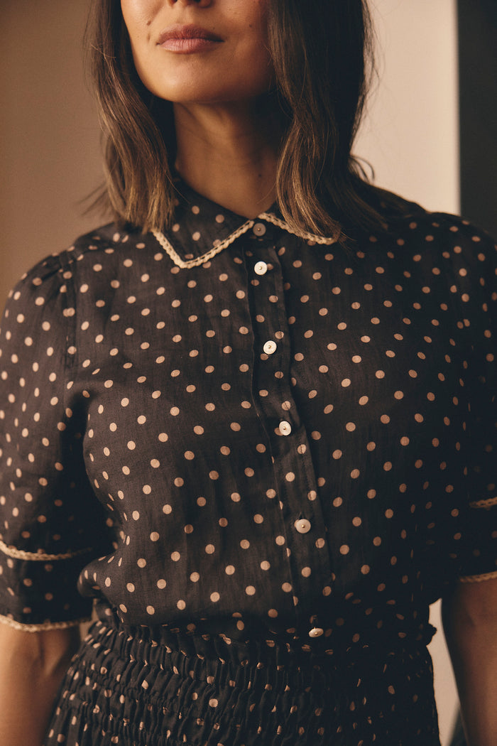 Ruby Ramie Shirt  In Choc/Beige Spot