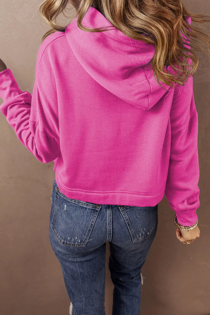 Sachet Pink Solid Drop Shoulder Drawstring Cropped Hoodie - Tops/Sweatshirts & Hoodies