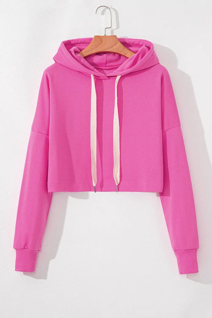 Sachet Pink Solid Drop Shoulder Drawstring Cropped Hoodie - Tops/Sweatshirts & Hoodies