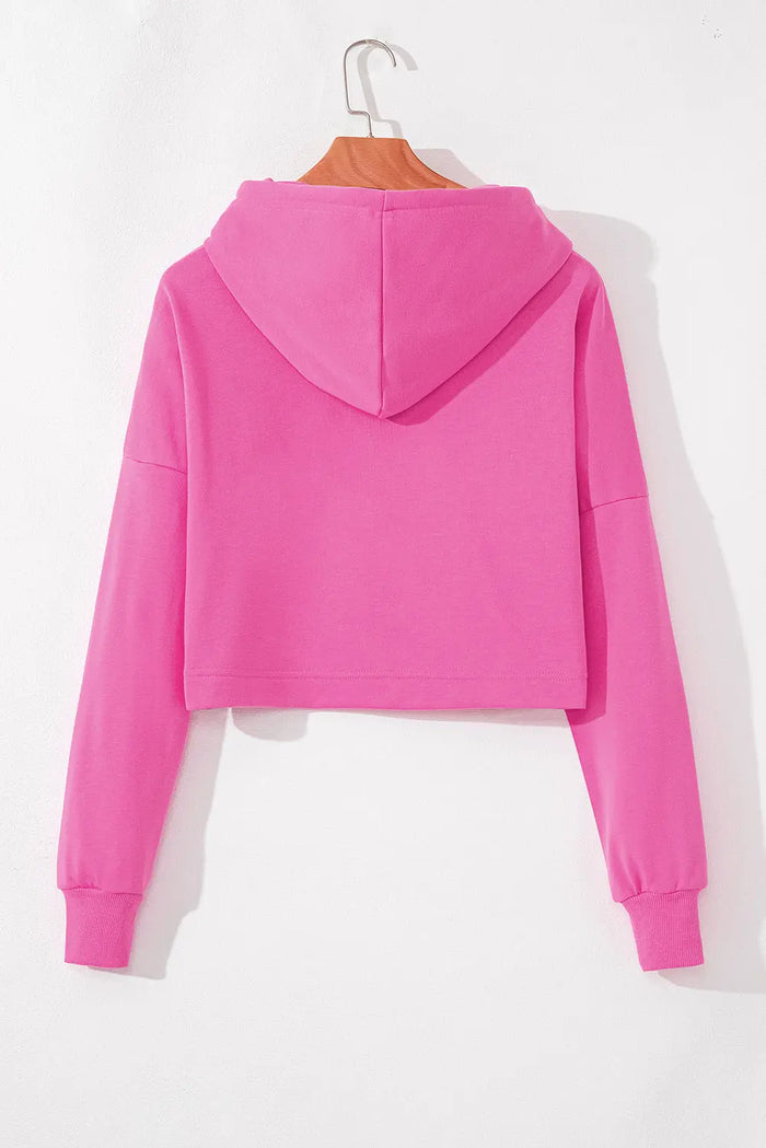 Sachet Pink Solid Drop Shoulder Drawstring Cropped Hoodie - Tops/Sweatshirts & Hoodies