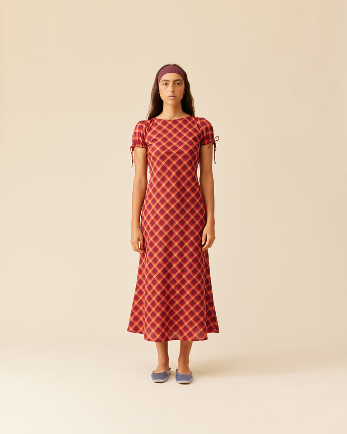 SASHA DRESS BURGUNDY ORANGE TARTAN