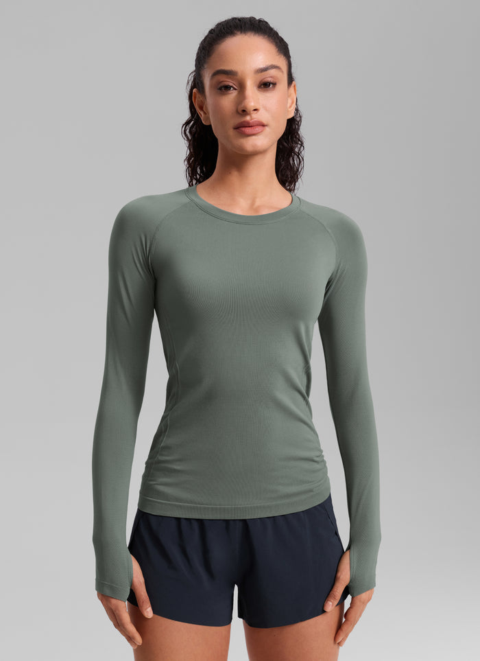 CRZ YOGA Women Seamless Workout Crew Neck Long Sleeve Shirts Grey Sage
