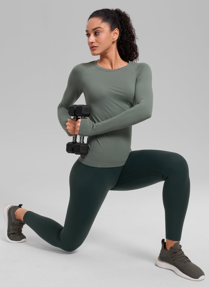 CRZ YOGA Women Seamless Workout Crew Neck Long Sleeve Shirts Grey Sage