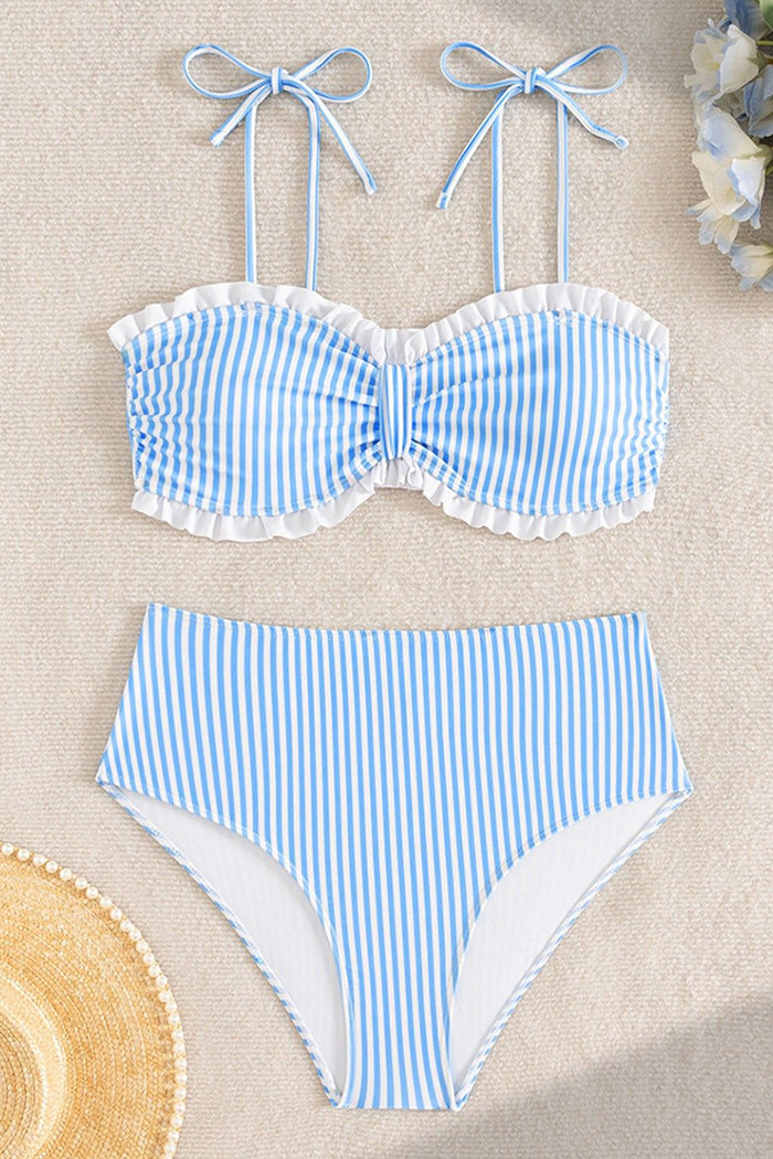 Seaside Sky Striped Ruffle High-Waist Bikini Set