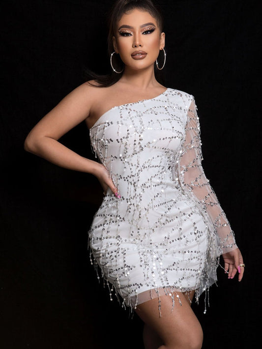 Sequin One Shoulder Spliced Mesh Sleeve Dress - Madikfashions.com