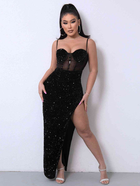 Sequin Spliced Mesh Adjustable Strap Dress - Madikfashions.com