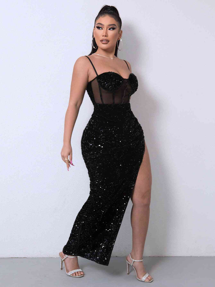 Sequin Spliced Mesh Adjustable Strap Dress - Madikfashions.com
