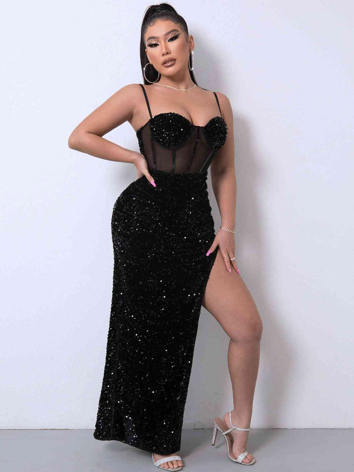 Sequin Spliced Mesh Adjustable Strap Dress - Madikfashions.com