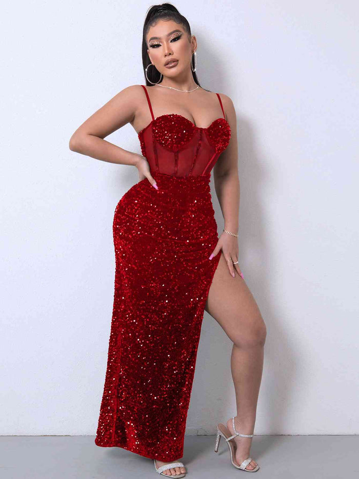 Sequin Spliced Mesh Adjustable Strap Dress - Madikfashions.com