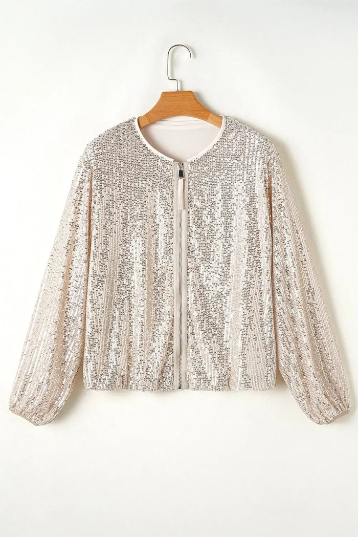 Sequin Zip up Round Neck Long Sleeve Jacket - Occasionwear/Jackets
