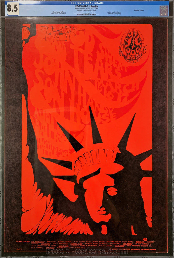 AUCTION - FD-110 - Blood, Sweat, and Tears - 1968 Poster - Mouse Signed - Avalon Ballroom - CGC Graded 8.5-298312-181156