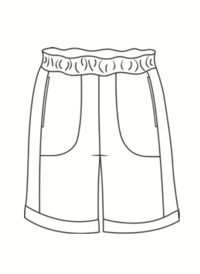 Shorty, detailed sketch shown.  Full elastic wide waistband, 2 side pockets, with side panels on either side, landing at the knee (or just above).
