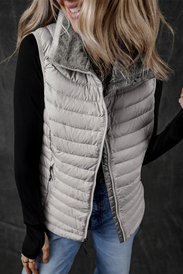 Silvery Plush Collared Quilted Zipped Puffer Vest - SILVERY / S / 100% POLYESTER - Outerwear/Vests