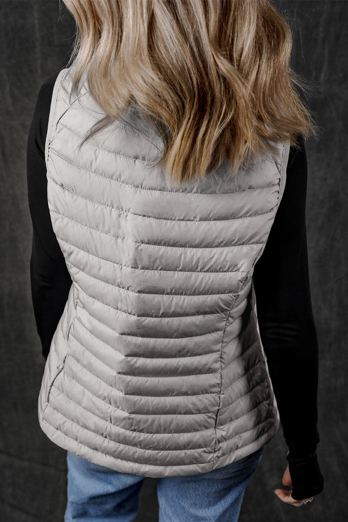 Silvery Plush Collared Quilted Zipped Puffer Vest - Outerwear/Vests