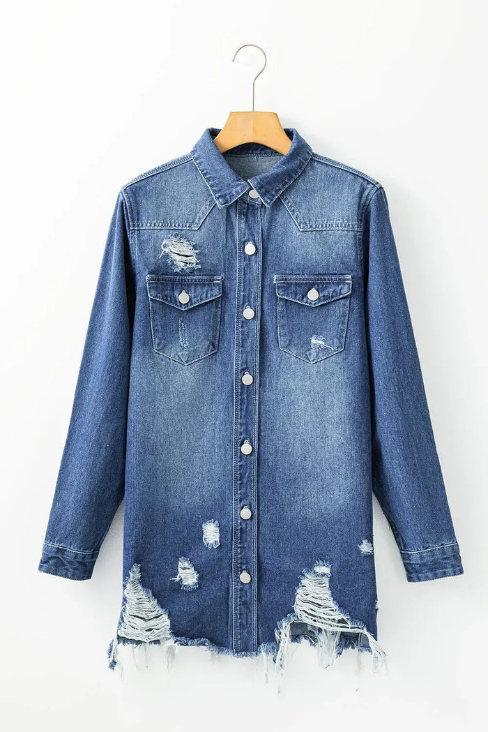 Sky Blue Light Wash Distressed Frayed Long Denim Jacket - Outerwear/Denim jackets