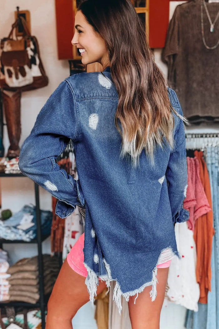 Sky Blue Light Wash Distressed Frayed Long Denim Jacket - Outerwear/Denim jackets