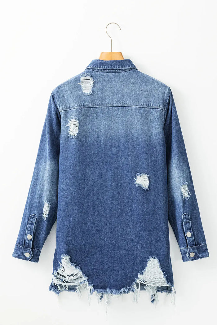 Sky Blue Light Wash Distressed Frayed Long Denim Jacket - Outerwear/Denim jackets